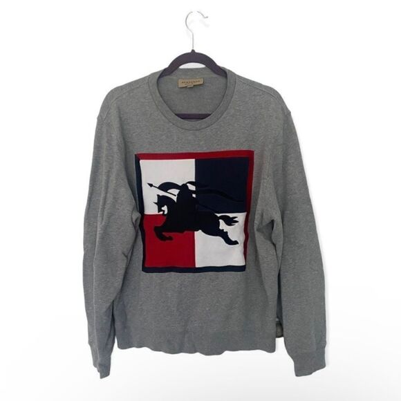 Burberry Grey Sweatshirt Large Logo Equestrian Knight Graphic 100% Cotton - Picture 2 of 5